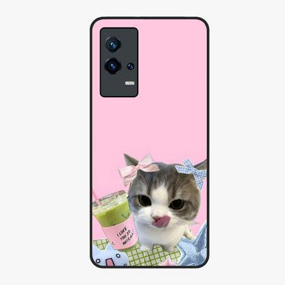 Love Matcha Cat Glass Case showing flat back view with cute cat and matcha themed artwork and glossy glass finish.