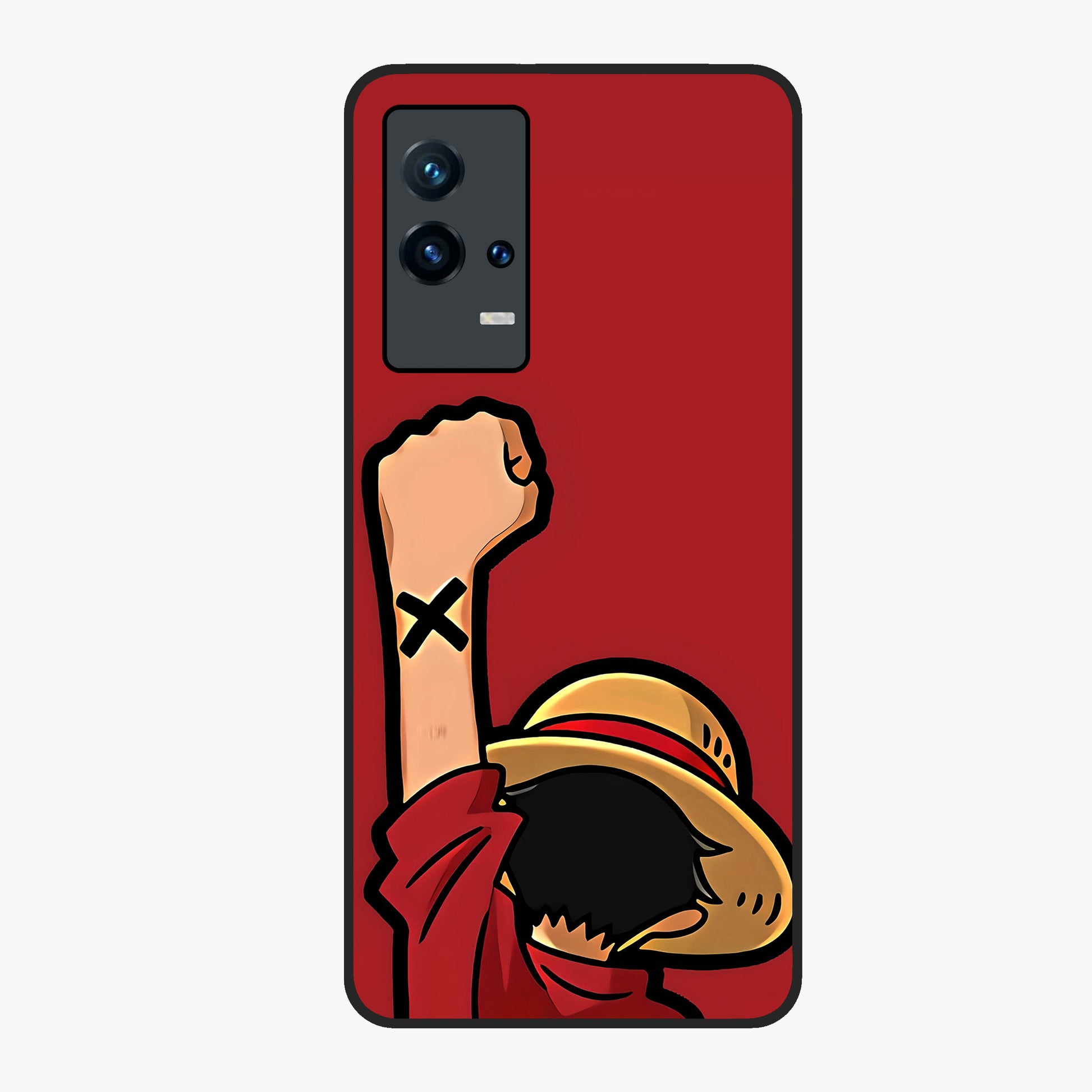 Luffy X Spirit Glass Case showing flat back view with bold anime character artwork and glossy glass finish.