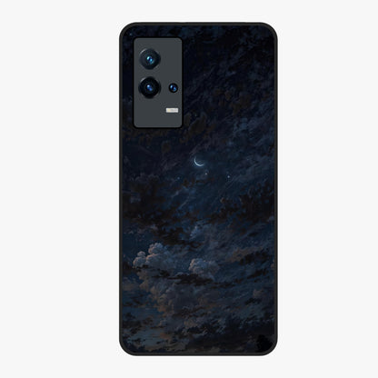 Lunar Veil Silence Glass Case showing flat back view with mystical moon veil artwork and glossy glass finish.