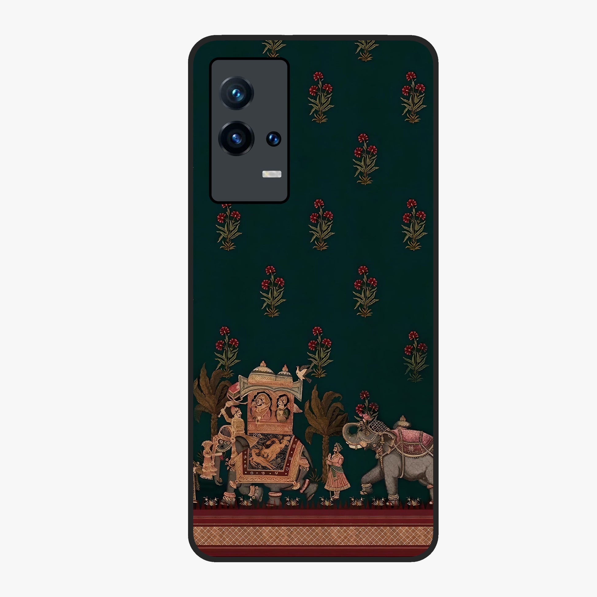 Macmerise Glass Case showing flat back view with stylish modern artwork and glossy glass finish.