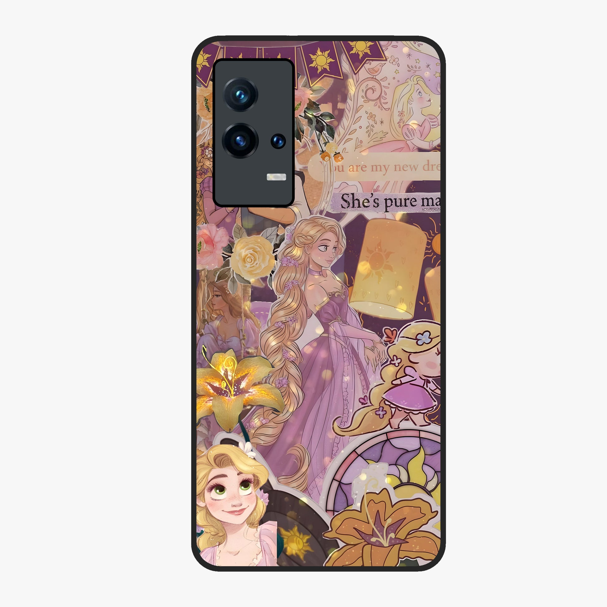 Magical Tangled Dream Glass Case showing flat back view with dreamy tangled artwork and glossy glass finish.