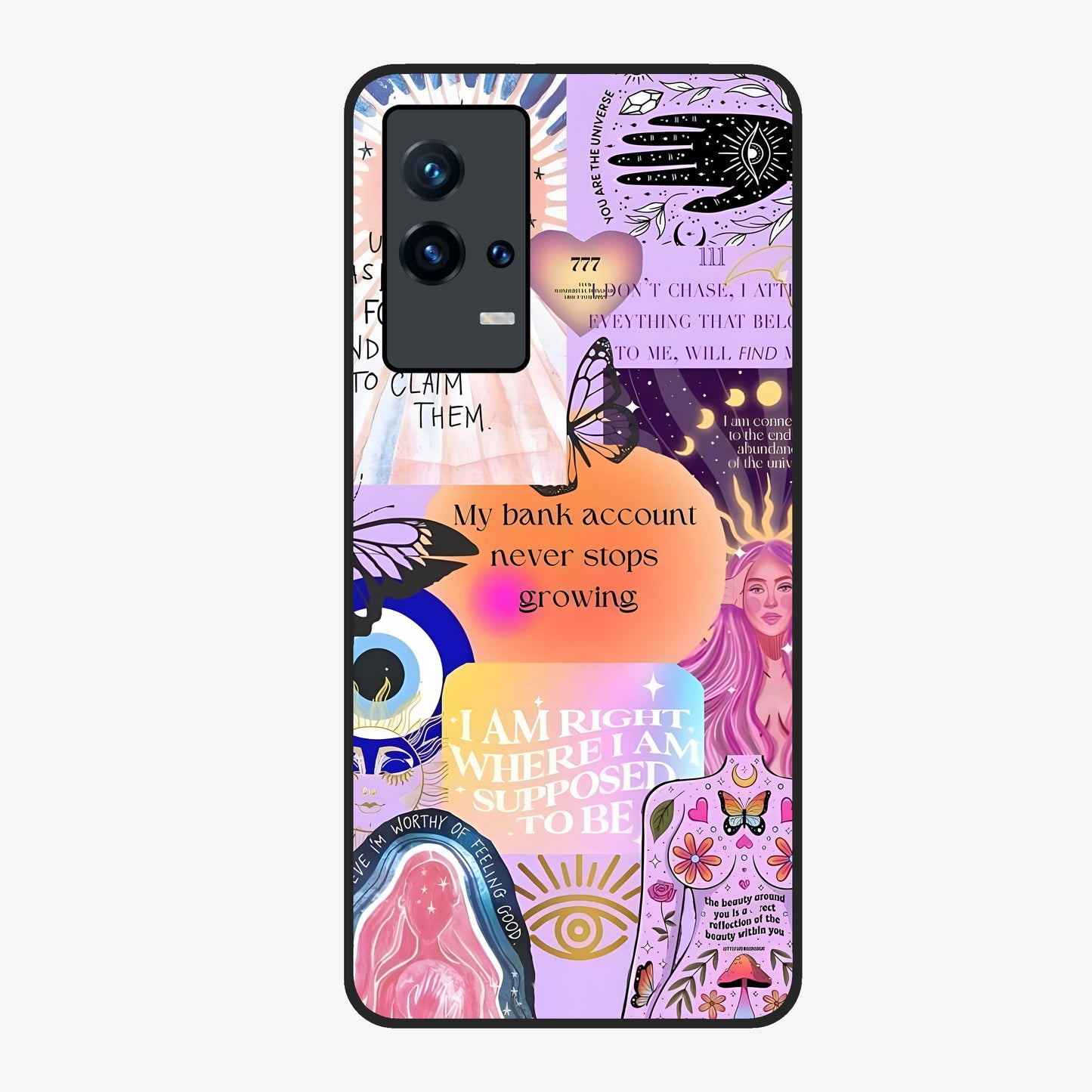 Manifestation Collage Glass Case showing flat back view with motivational collage artwork and glossy glass finish.