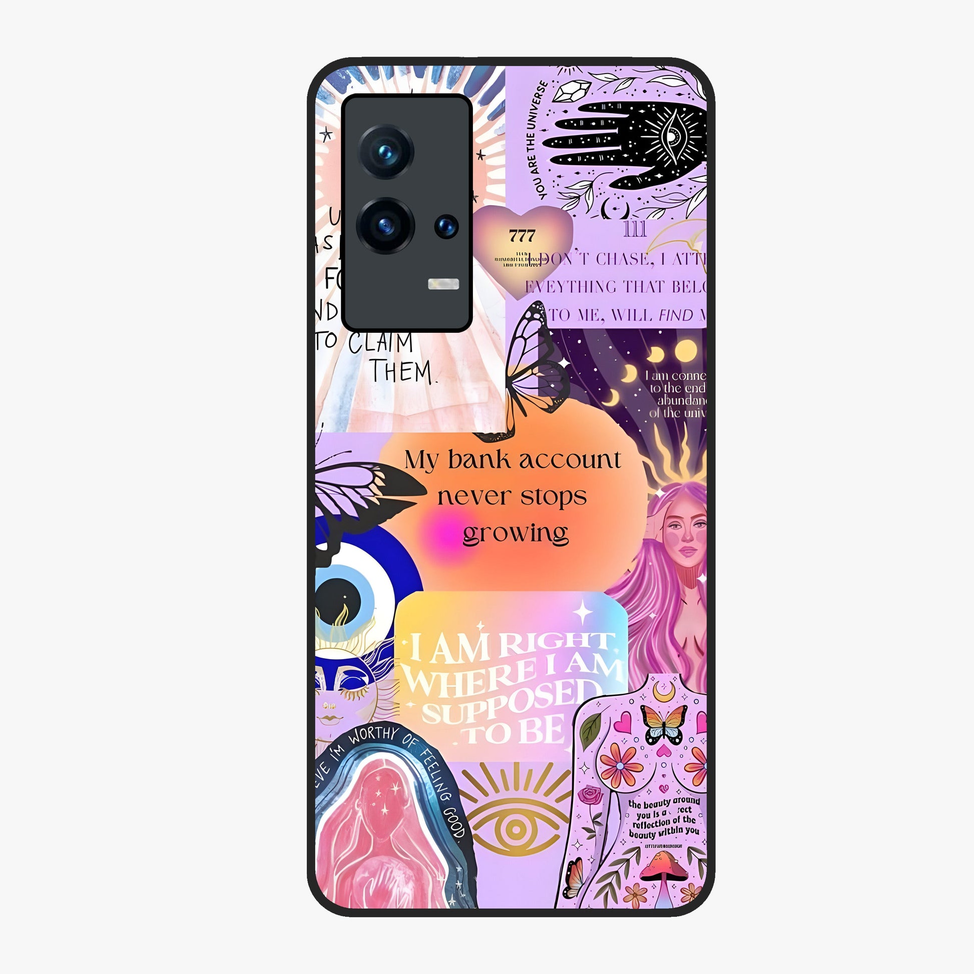 Manifestation Collage Glass Case showing flat back view with motivational collage artwork and glossy glass finish.