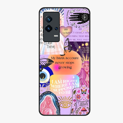 Manifestation Collage Glass Case showing flat back view with motivational collage artwork and glossy glass finish.