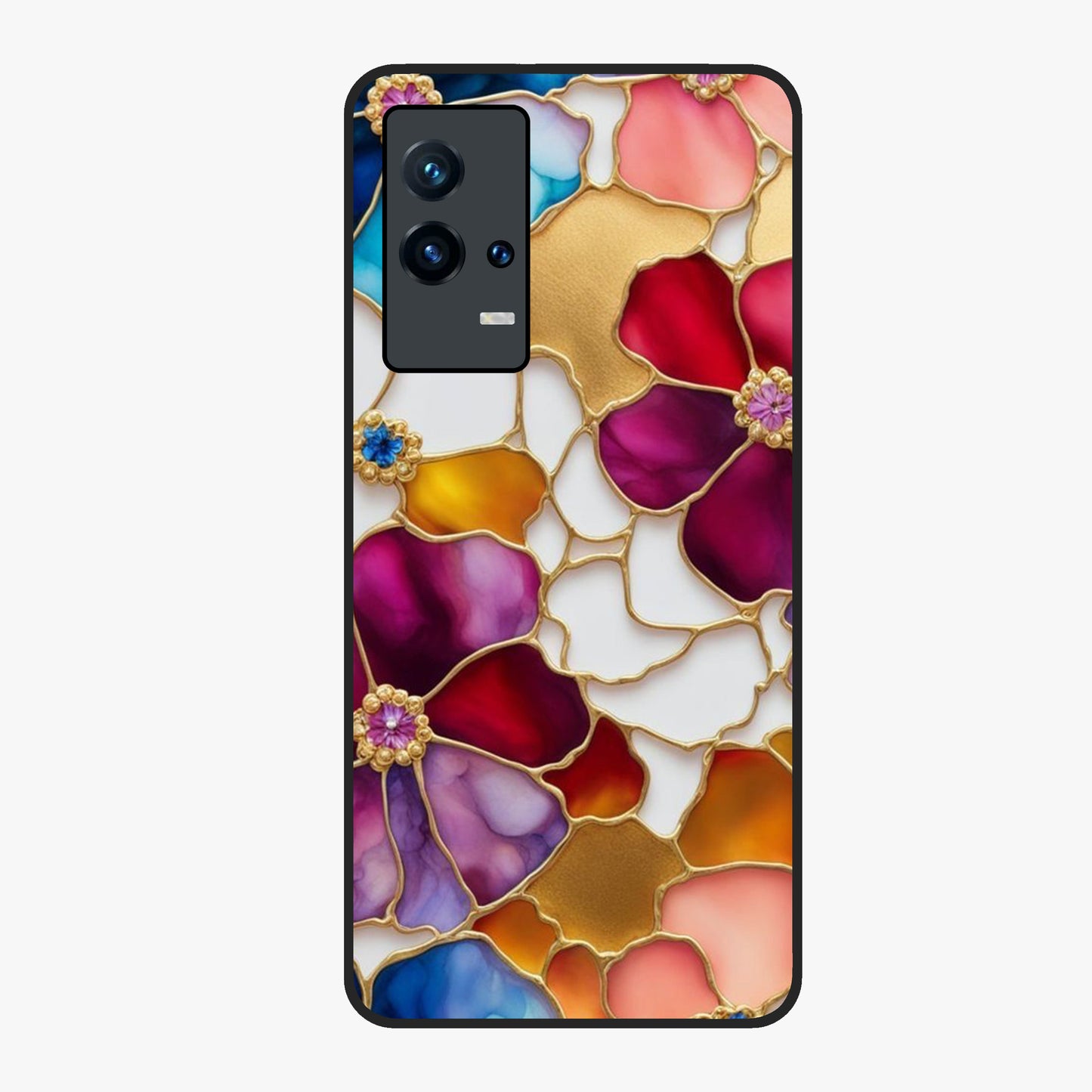 Marble Flower Pattern Glass Case showing flat back view with marble texture floral artwork and glossy glass finish.