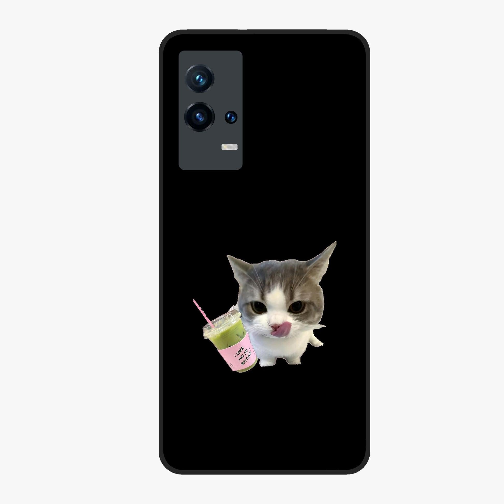 Matcha Cat Style Glass Case showing flat back view with cute matcha themed cat artwork and glossy glass finish.