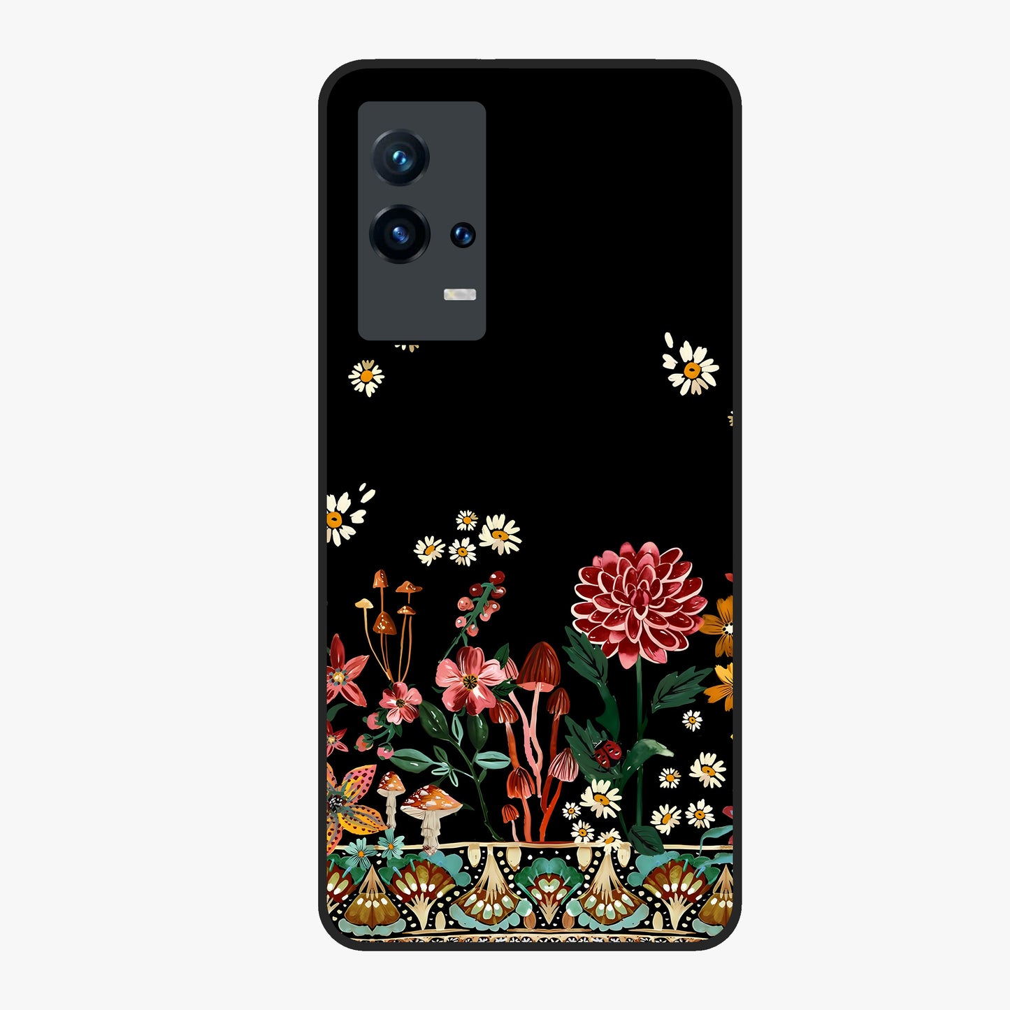 Midnight Bloom Pattern Glass Case showing flat back view with dark floral pattern artwork and glossy glass finish.