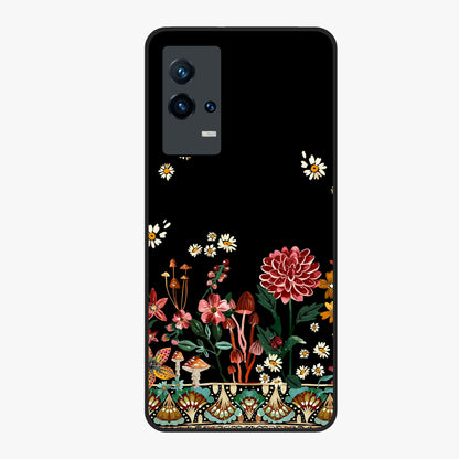 Midnight Bloom Pattern Glass Case showing flat back view with dark floral pattern artwork and glossy glass finish.