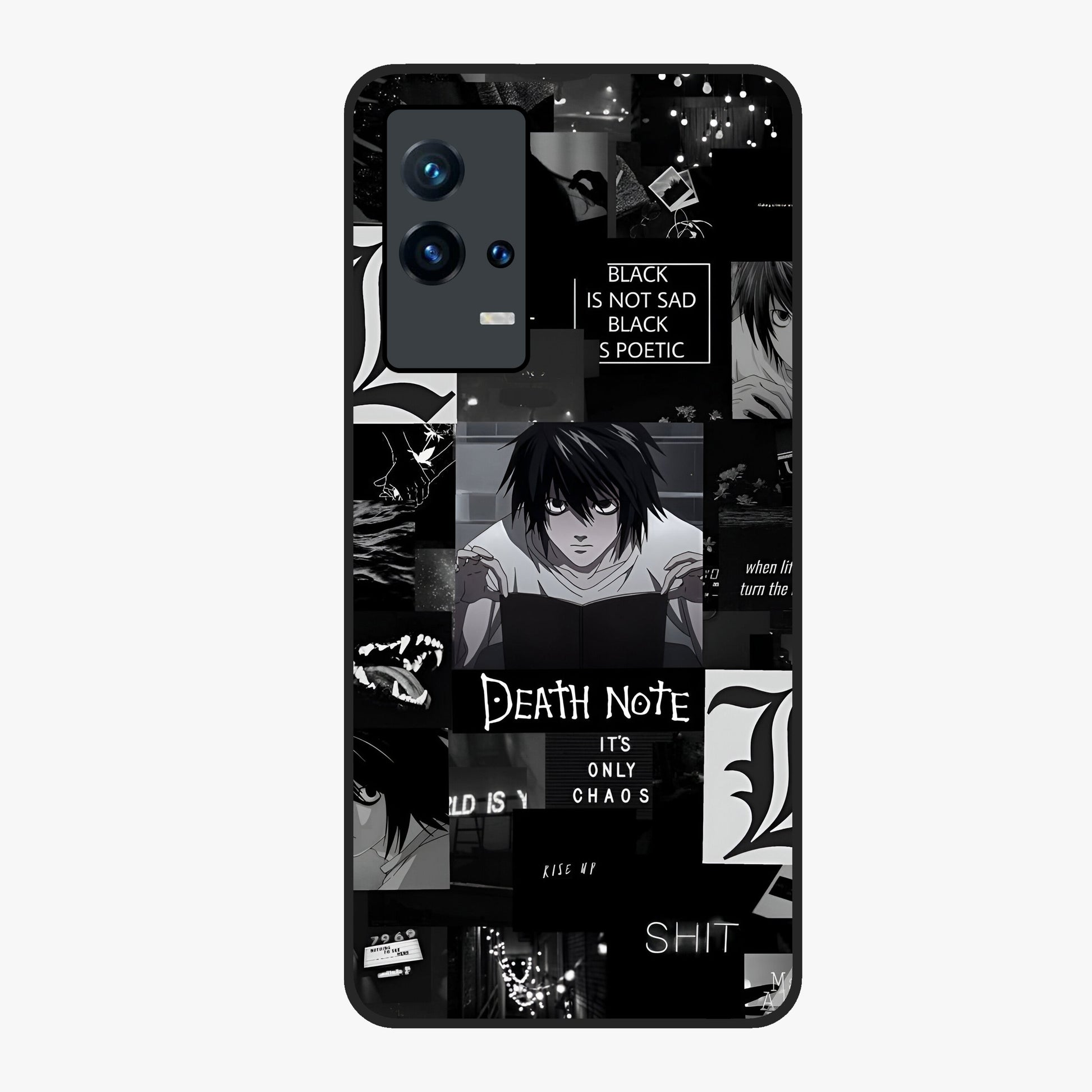 Midnight Chaos Mind Glass Case showing flat back view with abstract dark themed artwork and glossy glass finish.