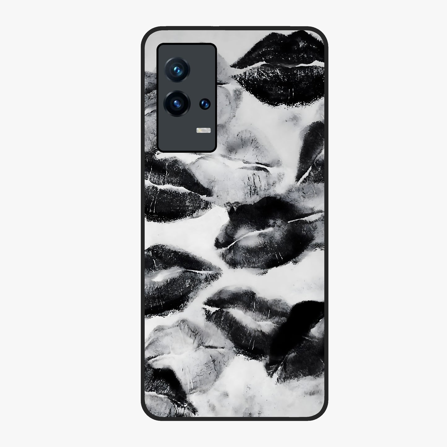 Midnight Kiss Marks Glass Case showing flat back view with lipstick kiss mark artwork and glossy glass finish.