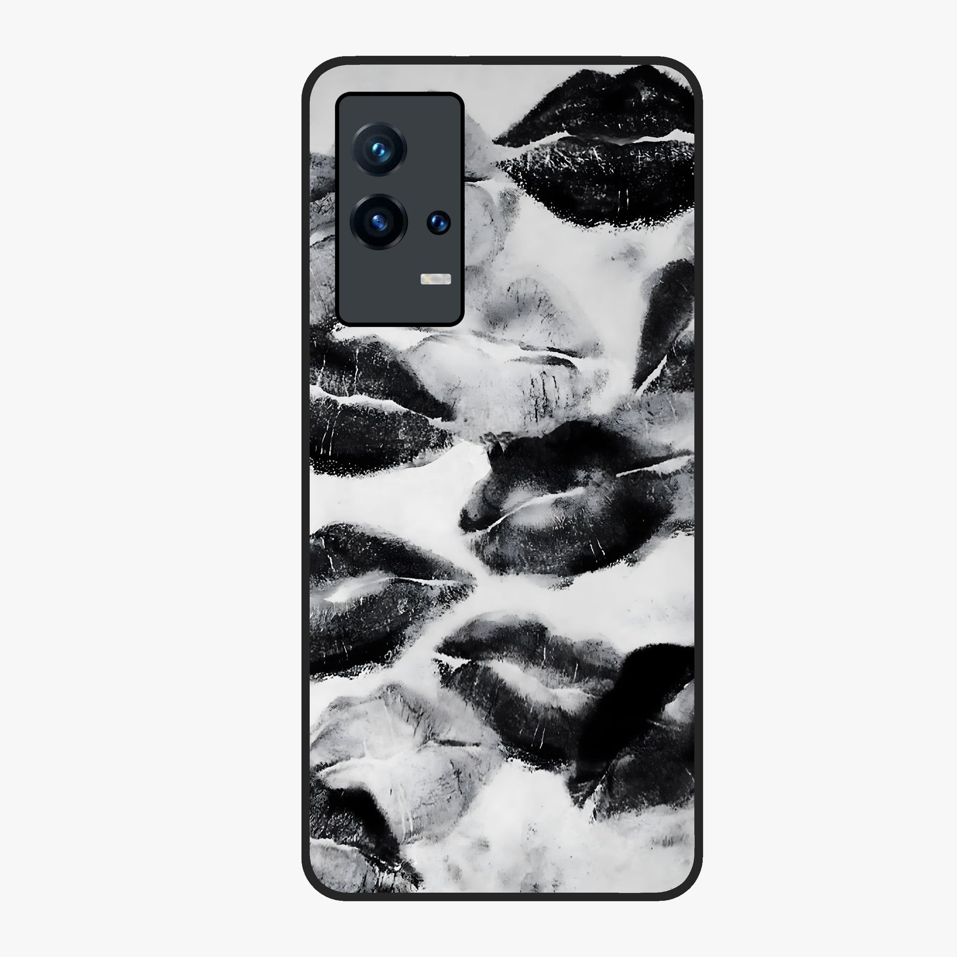 Midnight Kiss Marks Glass Case showing flat back view with lipstick kiss mark artwork and glossy glass finish.