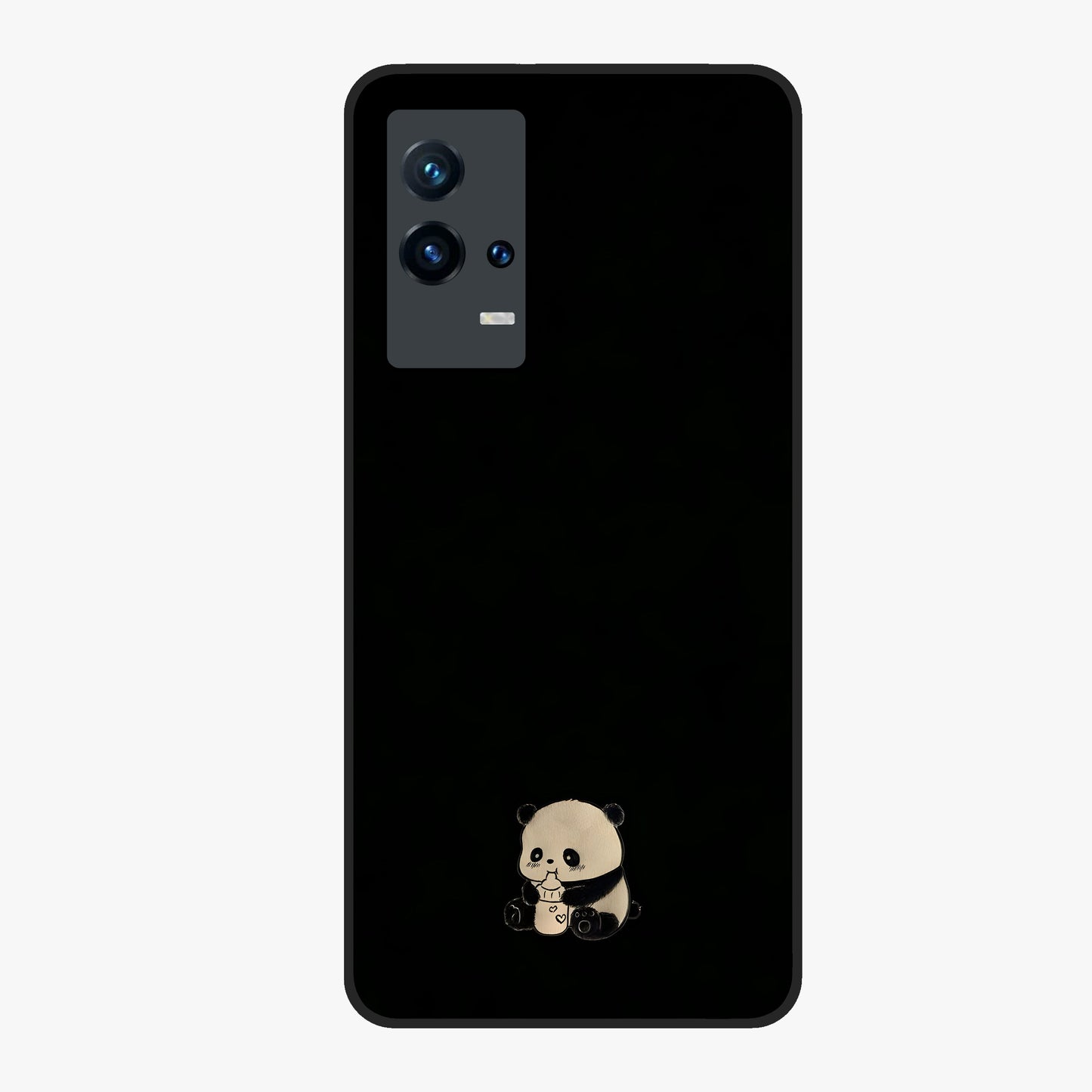 Midnight Panda Love Glass Case showing flat back view with cute panda themed artwork and glossy glass finish.