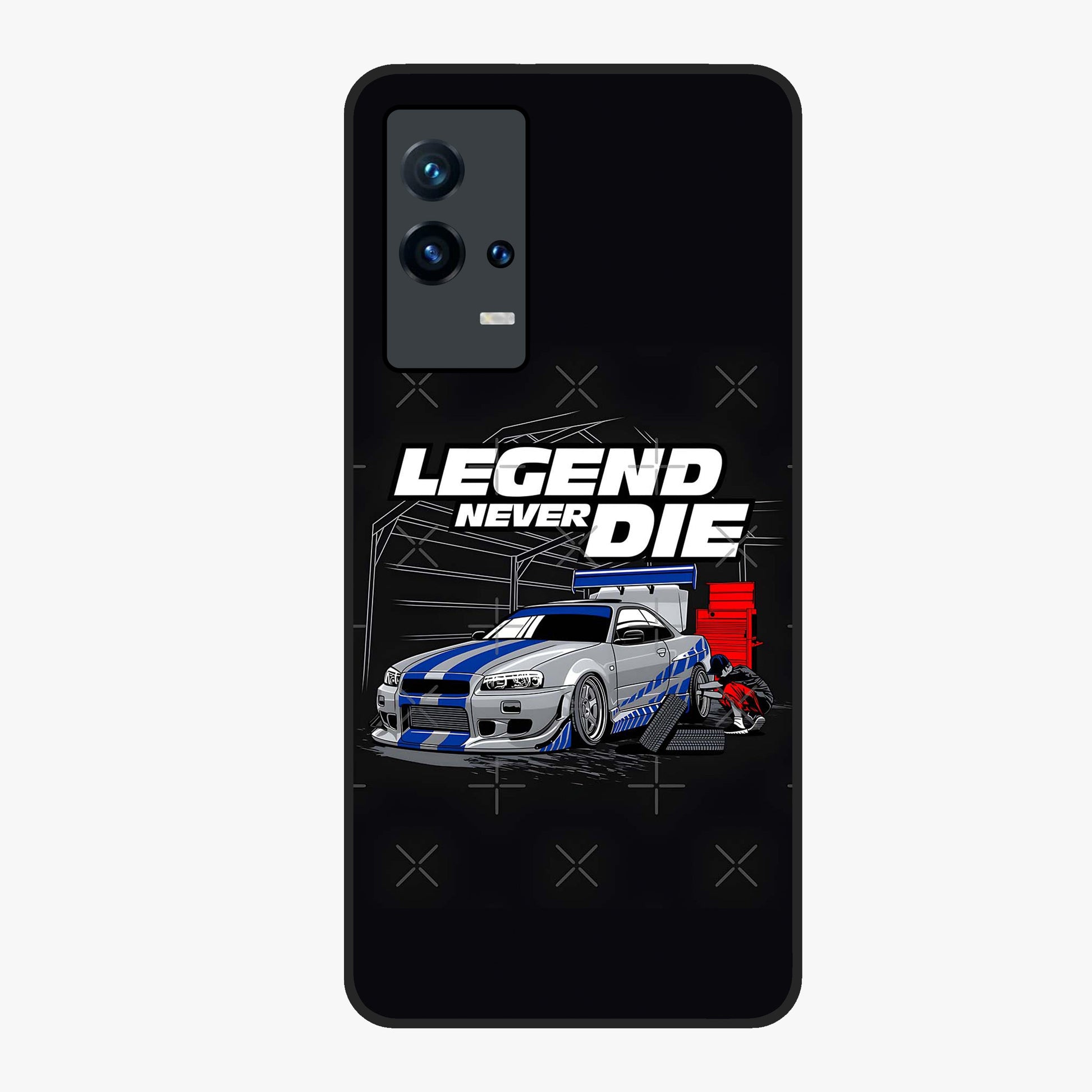 Midnight Racing Legacy Glass Case showing flat back view with sleek racing inspired artwork and glossy glass finish.