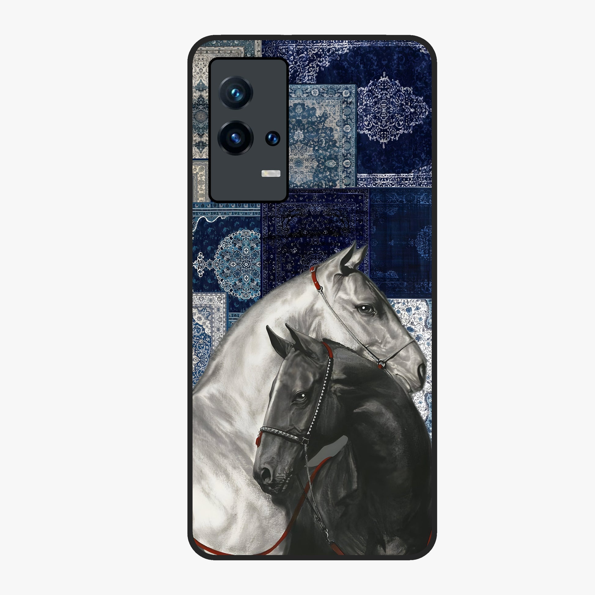 Midnight Stallion Blues Glass Case showing flat back view with majestic horse artwork and glossy glass finish.