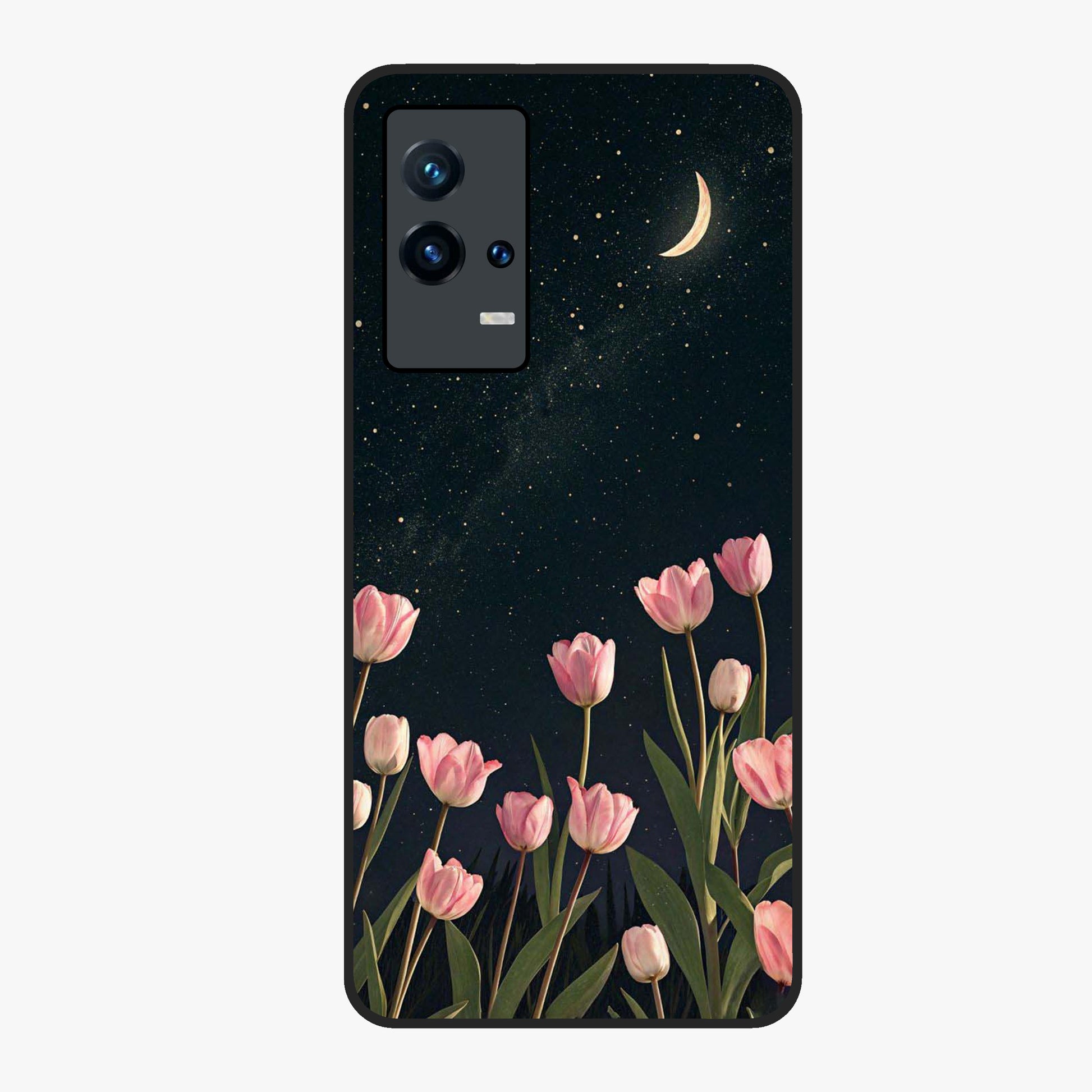 Midnight Tulip Whispers Vibe Glass Case showing flat back view with elegant tulip flower artwork and glossy glass finish.