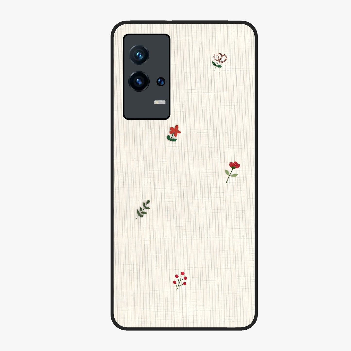 Minimal Petal Whispers Glass Case showing flat back view with soft minimal floral artwork and glossy glass finish.