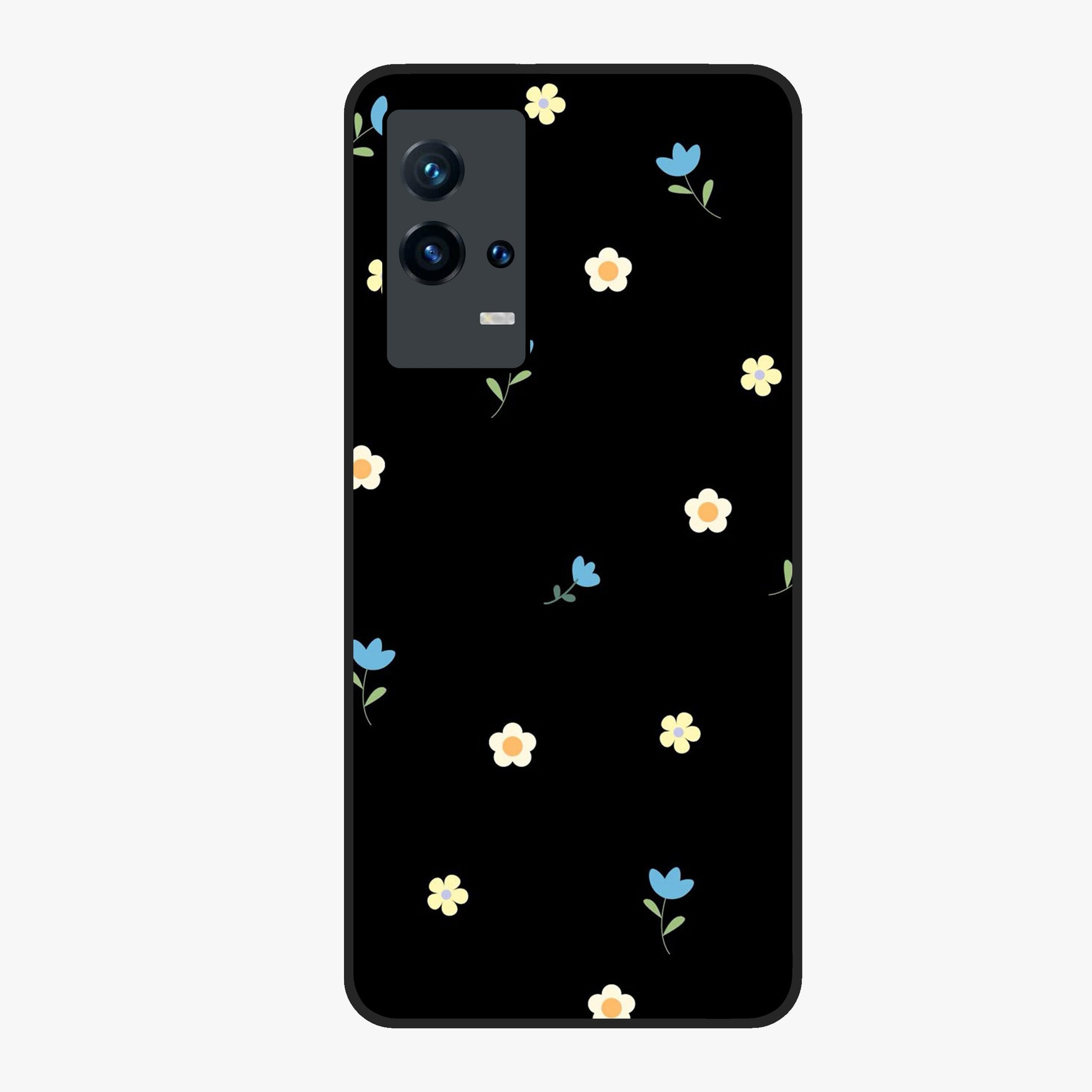 Minimalistic Blue With White Flower Pattern Glass Case showing flat back view with blue background and white flower pattern and glossy glass finish.