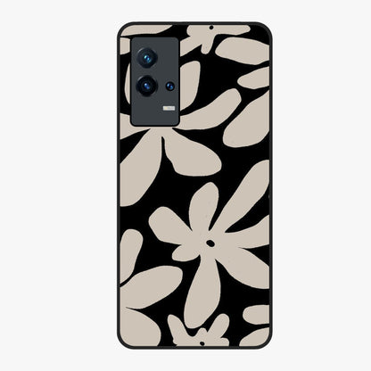 Monochrome Petal Dance Glass Case showing flat back view with monochrome floral artwork and glossy glass finish.