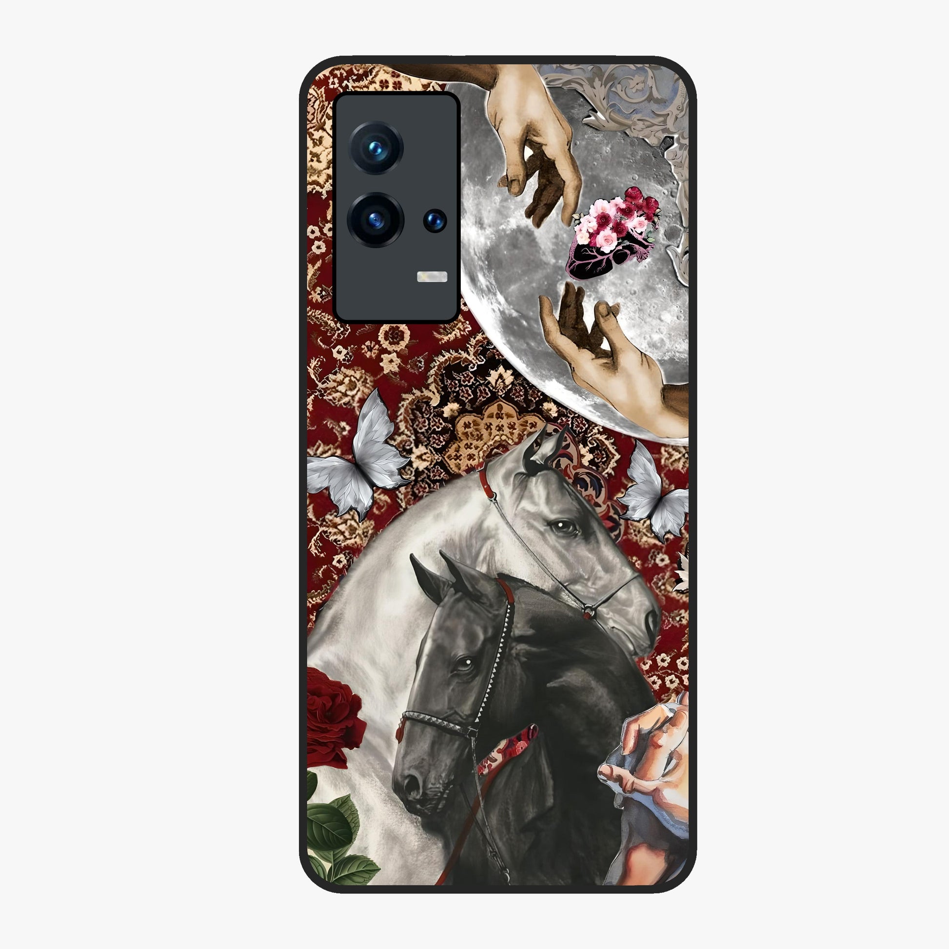 Moonlit Royal Stallion Glass Case showing flat back view with majestic horse under moonlight artwork and glossy glass finish.