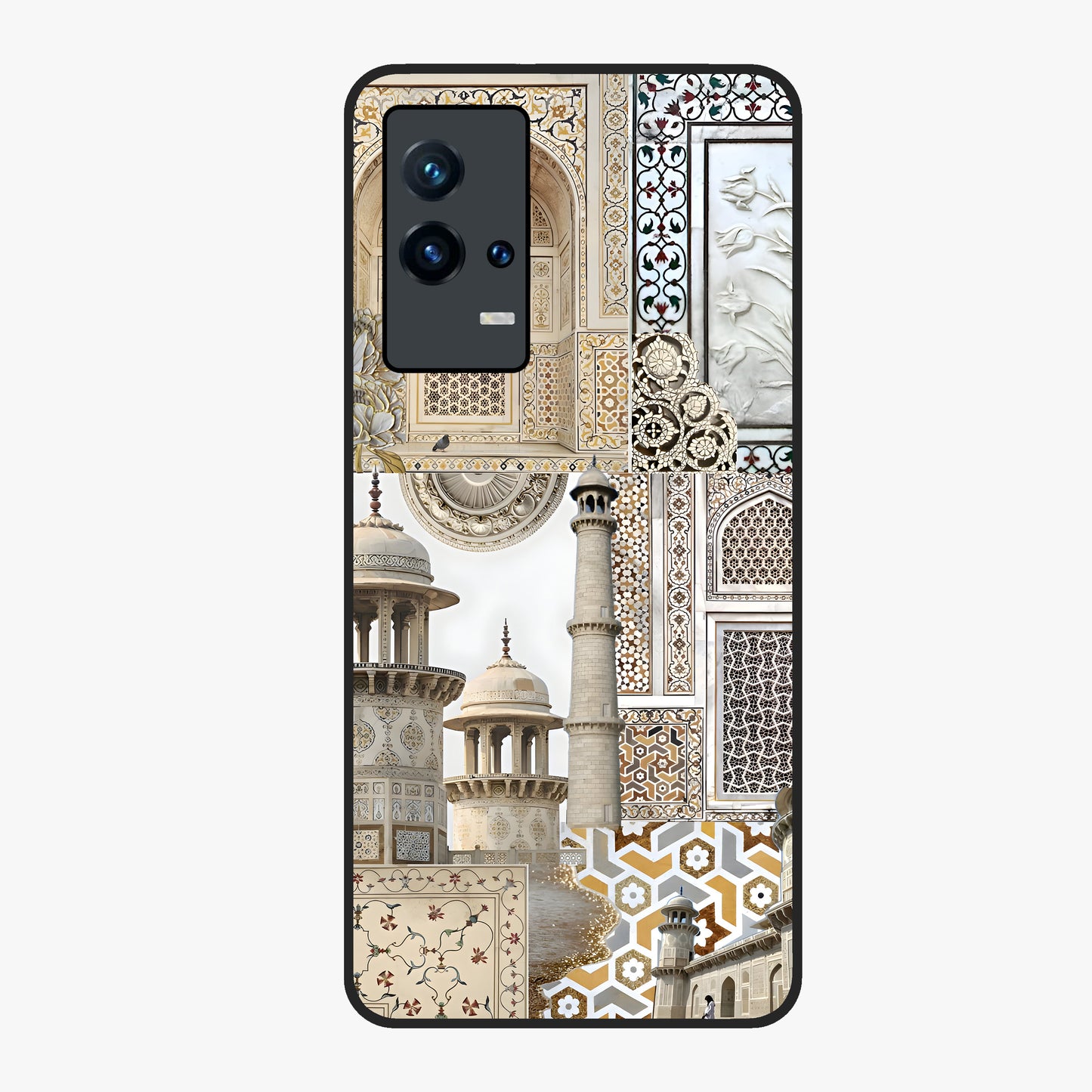 Mughal Marble Legacy Glass Case showing flat back view with intricate Mughal inspired marble pattern and glossy glass finish.