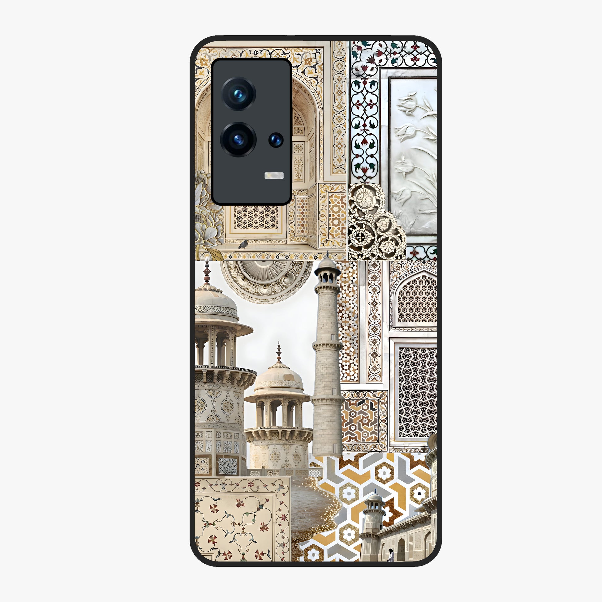 Mughal Marble Legacy Glass Case showing flat back view with intricate Mughal inspired marble pattern and glossy glass finish.