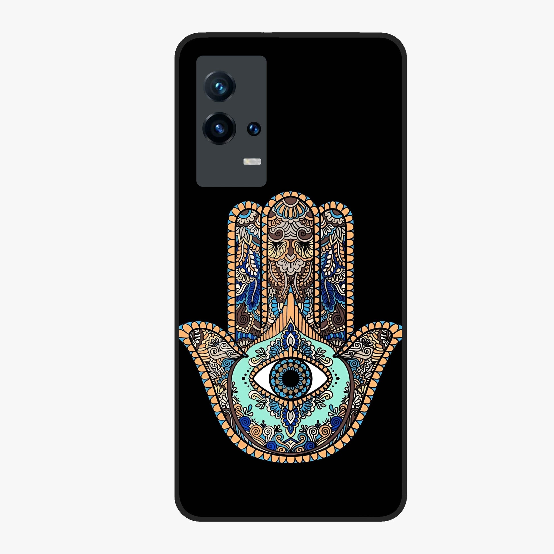 Mystic Hamsa Eye Glass Case showing flat back view with protective hamsa hand and evil eye artwork and glossy glass finish.