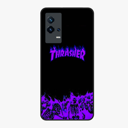 Neon Flame Riot Glass Case showing flat back view with neon flame artwork and glossy glass finish.