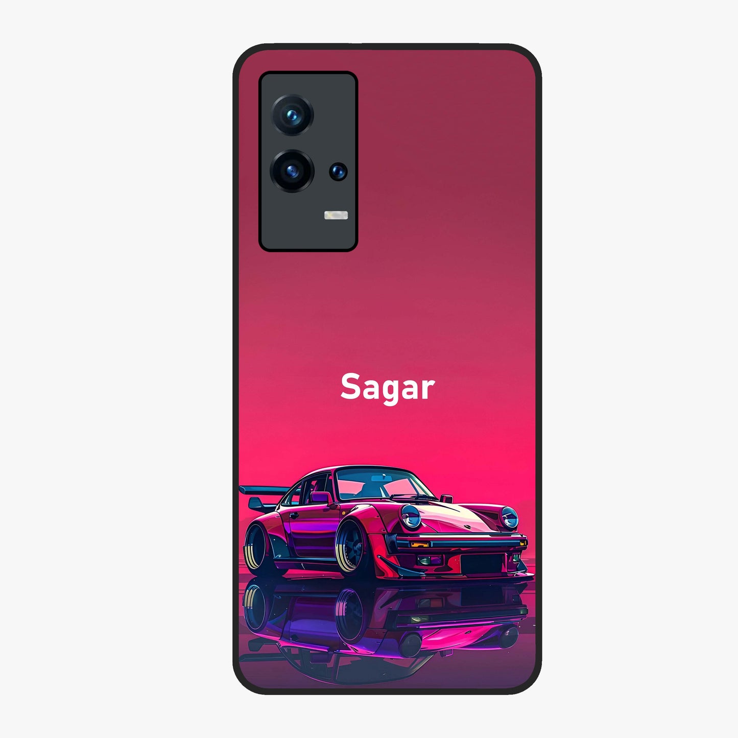 Neon Pink Porsche Glass Case showing flat back view with stylish sports car artwork and glossy glass finish.