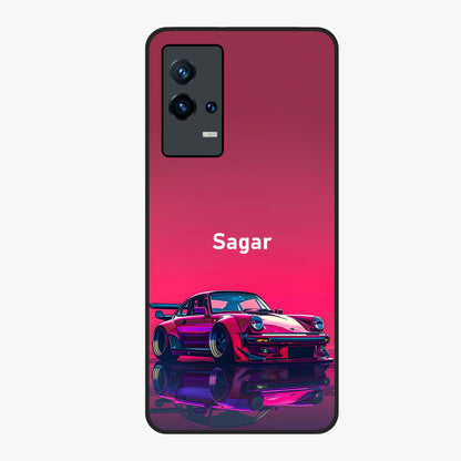 Neon Pink Porsche Glass Case showing flat back view with stylish sports car artwork and glossy glass finish.