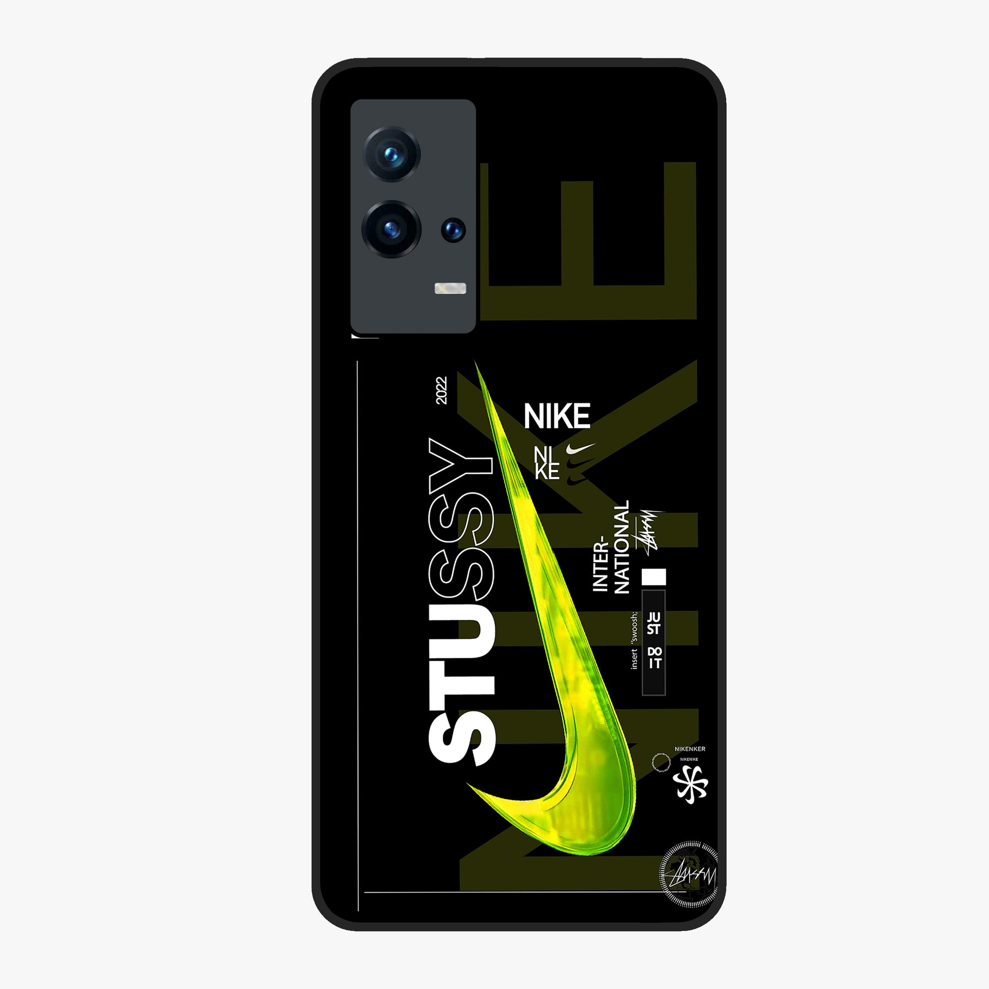 Neon Street Edition Glass Case showing flat back view with neon street style artwork and glossy glass finish.