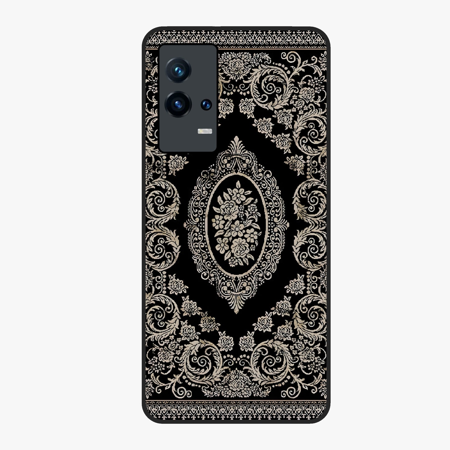 Noir Bloom Elegance Glass Case showing flat back view with elegant dark floral artwork and glossy glass finish.