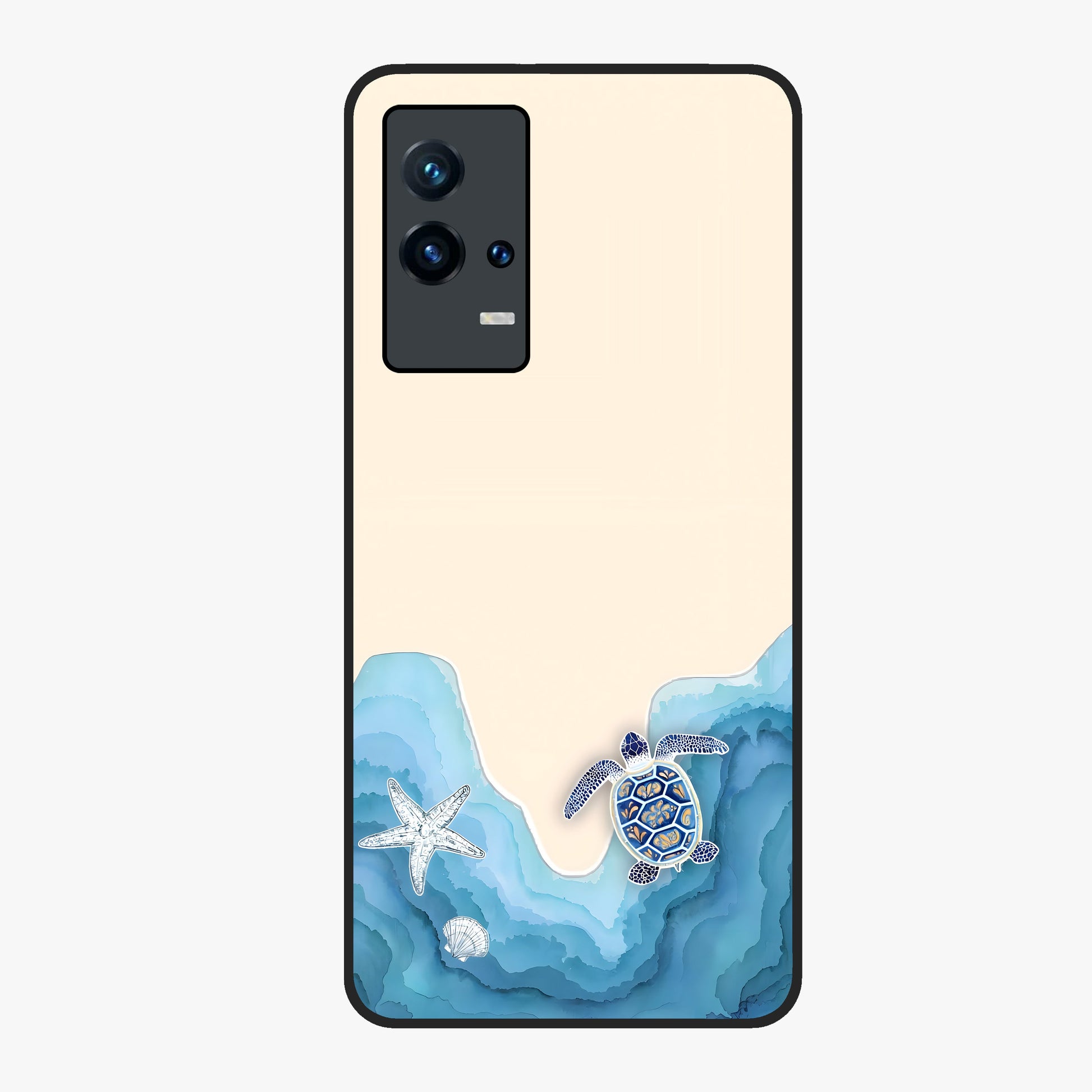 Ocean Drift Turtle Glass Case showing flat back view with sea turtle artwork and glossy glass finish.