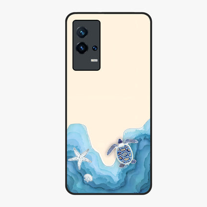 Ocean Drift Turtle Glass Case showing flat back view with sea turtle artwork and glossy glass finish.