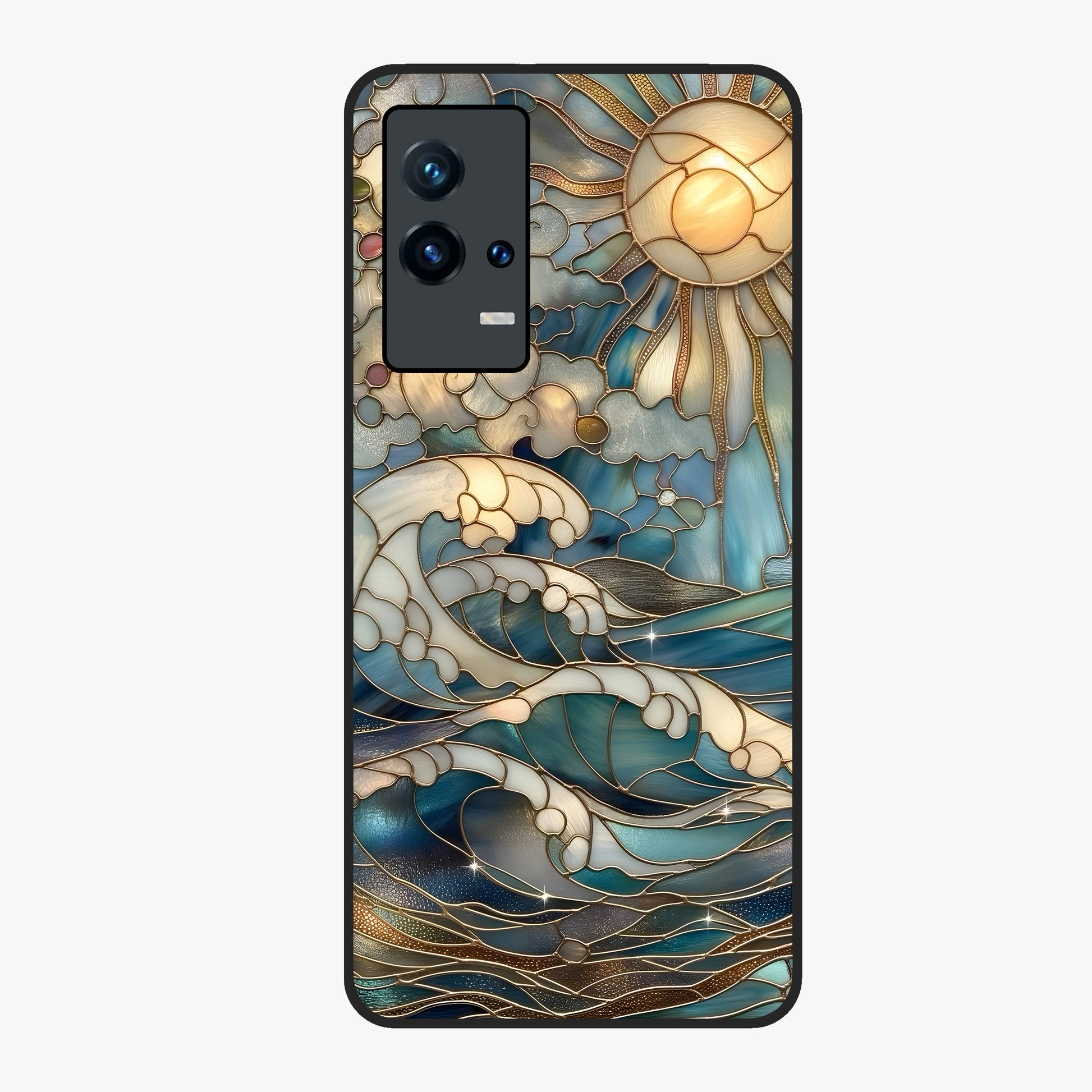 Oceanic Stained Printed Glass Case showing flat back view with ocean inspired stained pattern artwork and glossy glass finish.