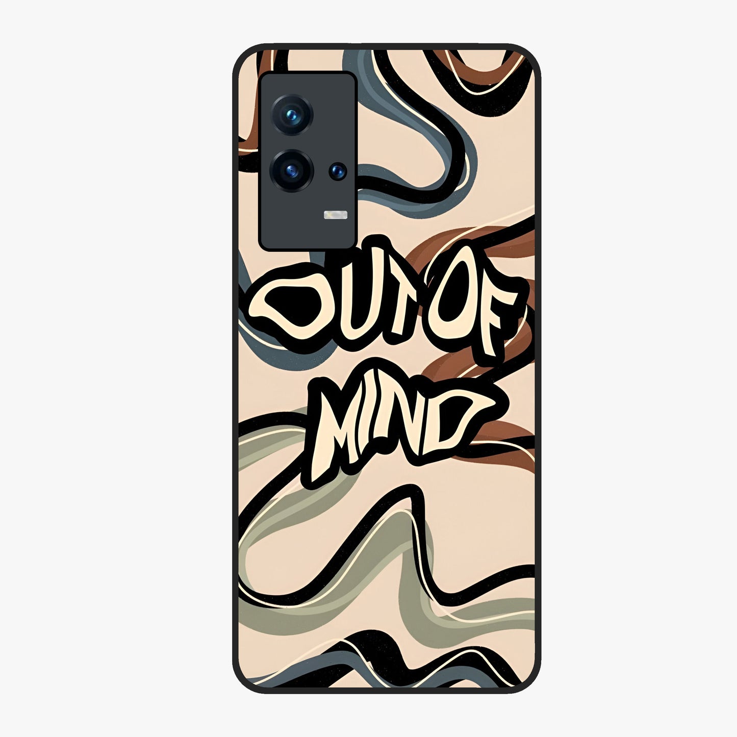 Out Of Mind Glass Case showing flat back view with expressive typography artwork and glossy glass finish.