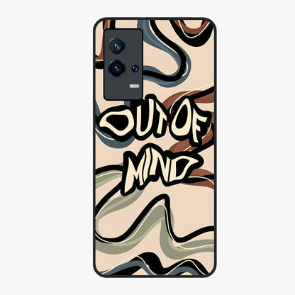 Out Of Mind Glass Case showing flat back view with expressive typography artwork and glossy glass finish.
