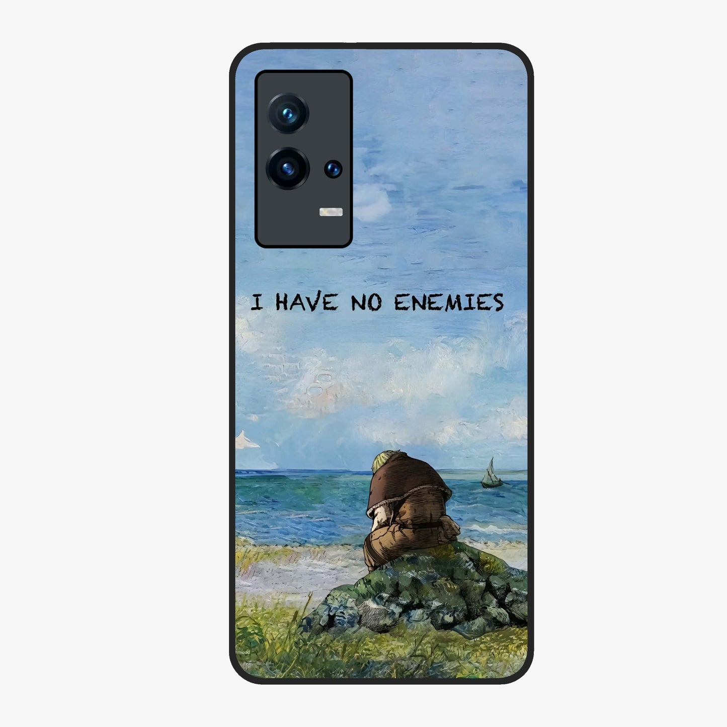 Peace Beyond War Glass Case showing flat back view with symbolic peace themed artwork and glossy glass finish.