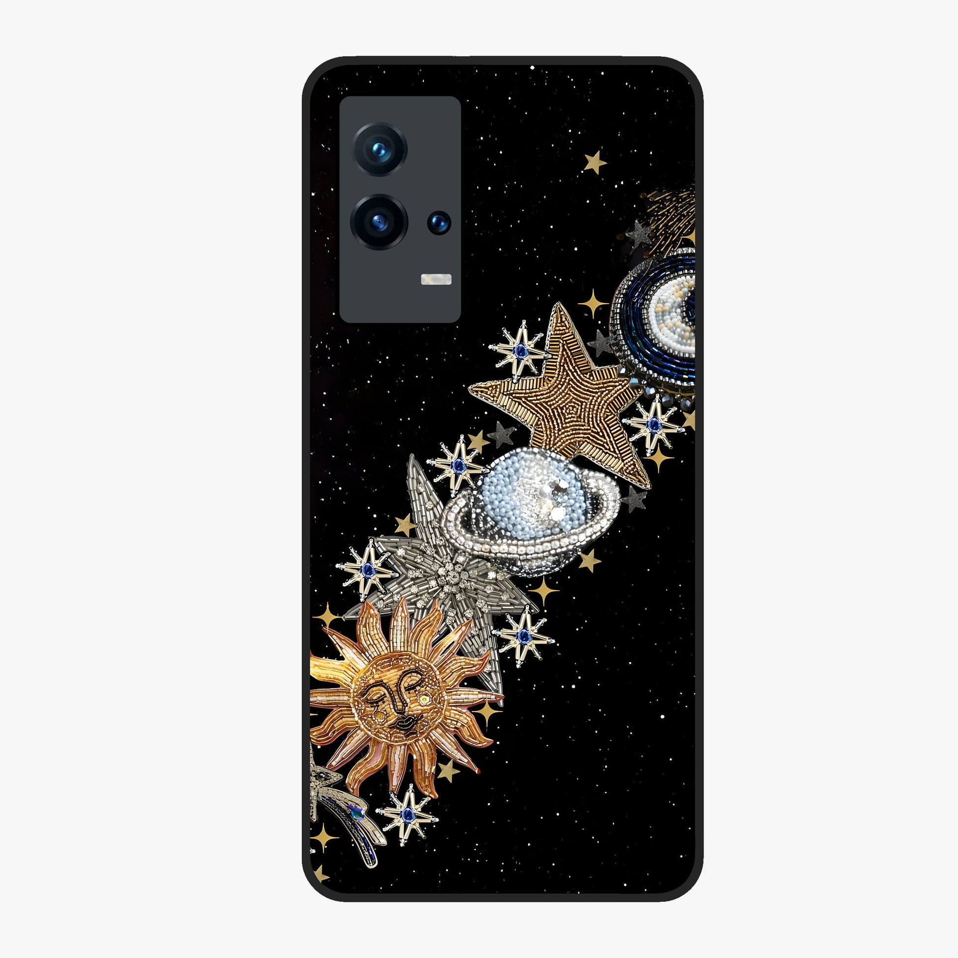 Pearls Universe Object Glass Case showing flat back view with pearl inspired cosmic artwork and glossy glass finish.