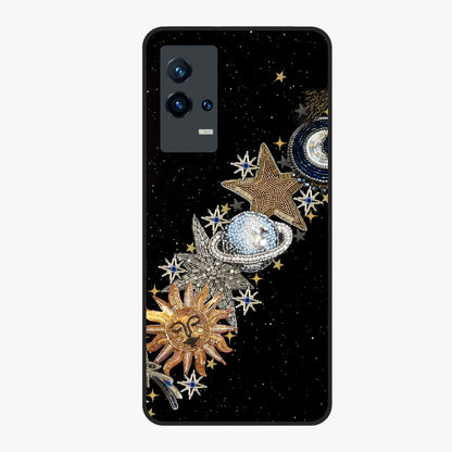 Pearls Universe Object Glass Case showing flat back view with pearl inspired cosmic artwork and glossy glass finish.
