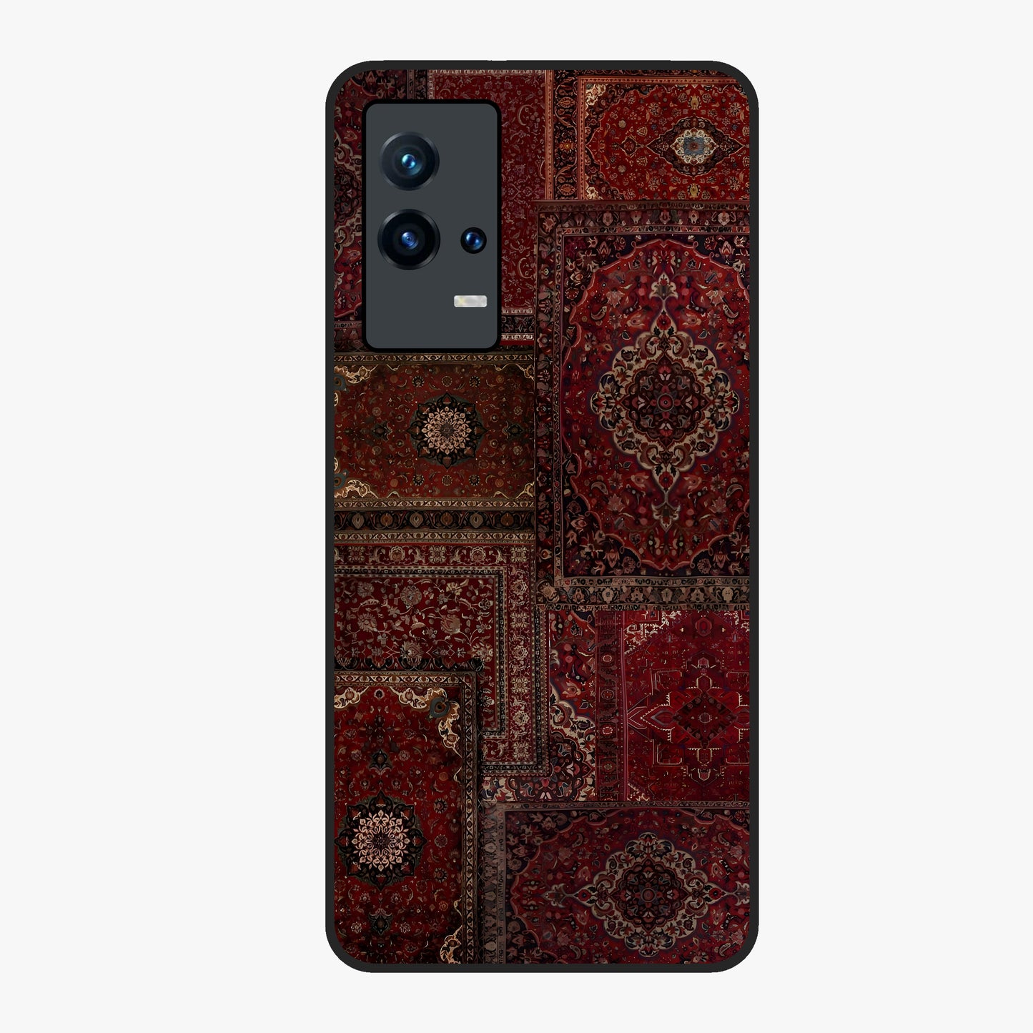 Persian Velvet Tale Glass Case showing flat back view with luxurious Persian velvet pattern artwork and glossy glass finish.