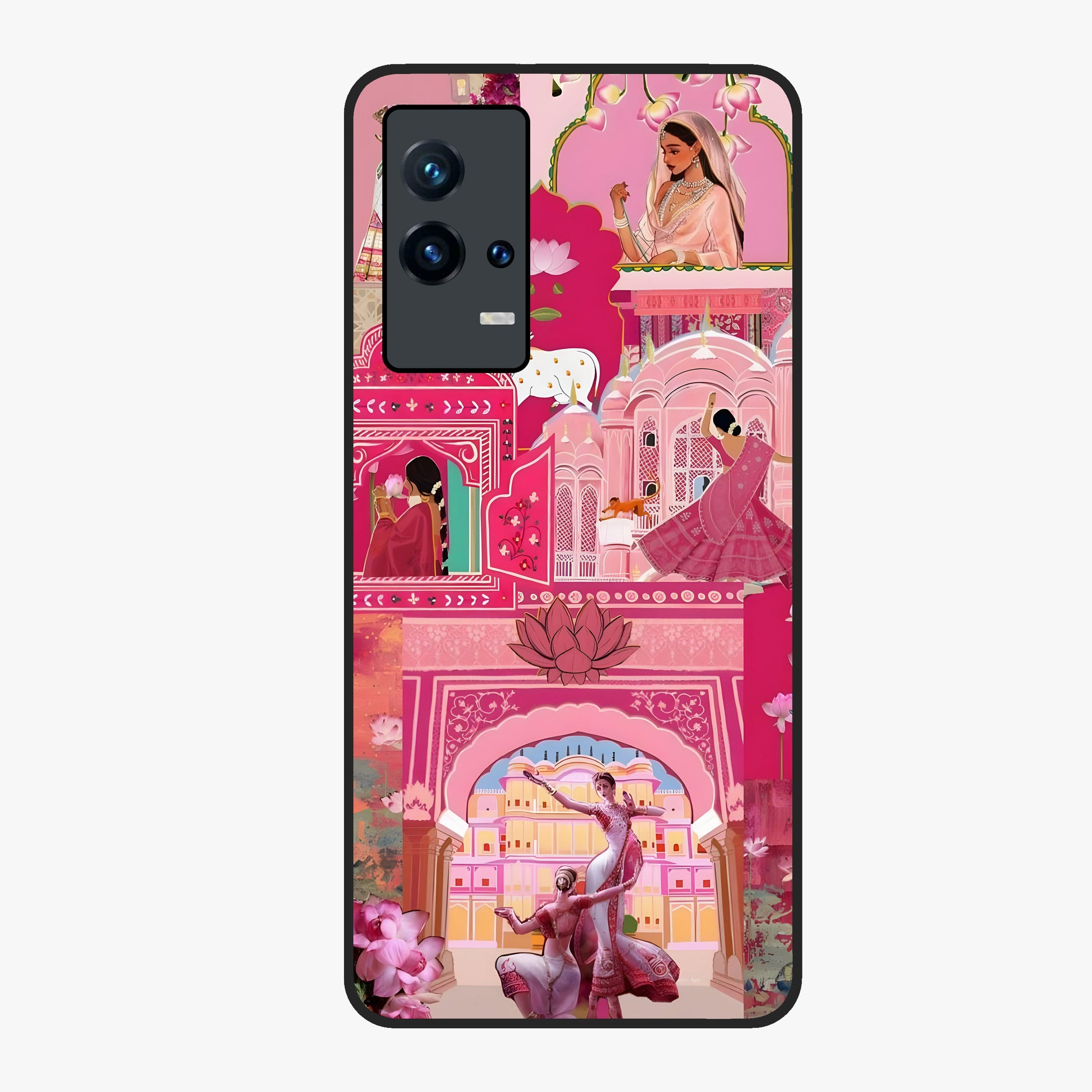 Pink Palace Muse Glass Case showing flat back view with elegant palace inspired artwork and glossy glass finish.
