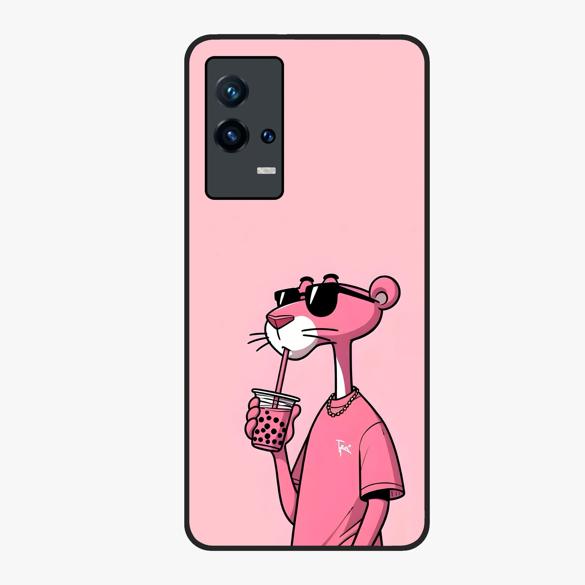 Pink Panther Glass Case showing flat back view with iconic pink panther artwork and glossy glass finish.