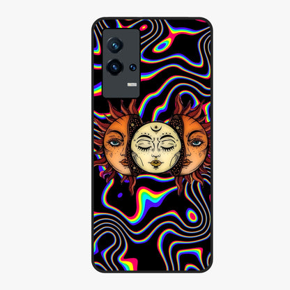 Psychedelic Sun Glass Case showing flat back view with colorful psychedelic sun artwork and glossy glass finish.