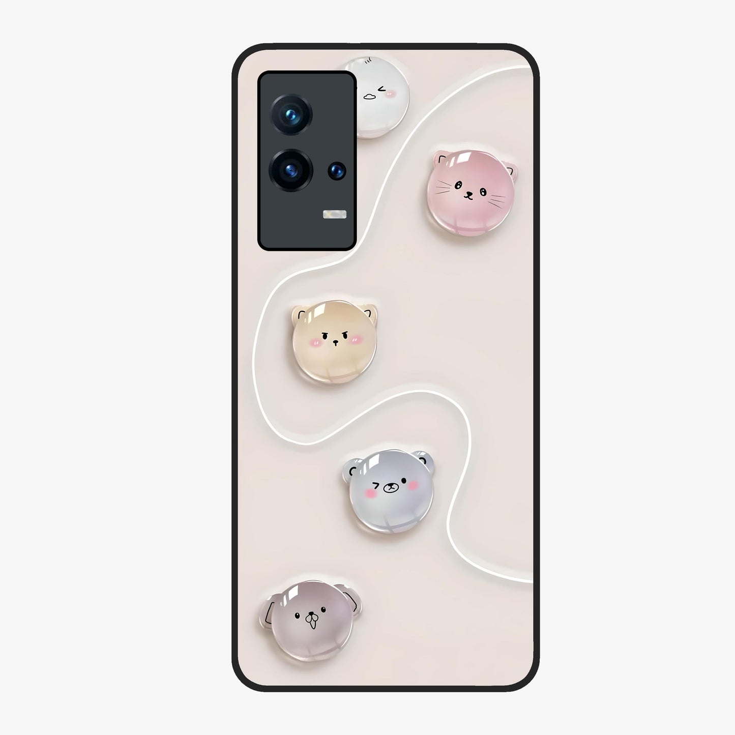Puffy Face Parade Glass Case showing flat back view with cute puffy character faces artwork and glossy glass finish.
