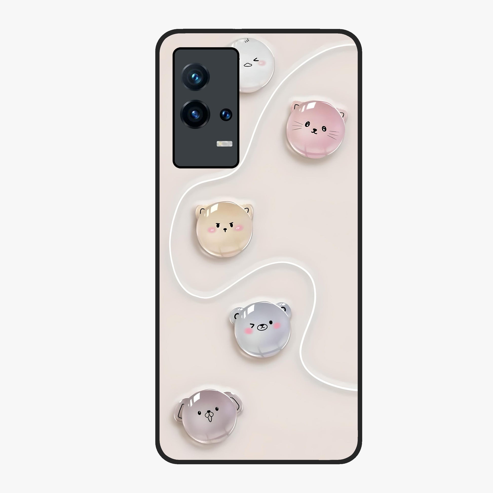 Puffy Face Parade Glass Case showing flat back view with cute puffy character faces artwork and glossy glass finish.