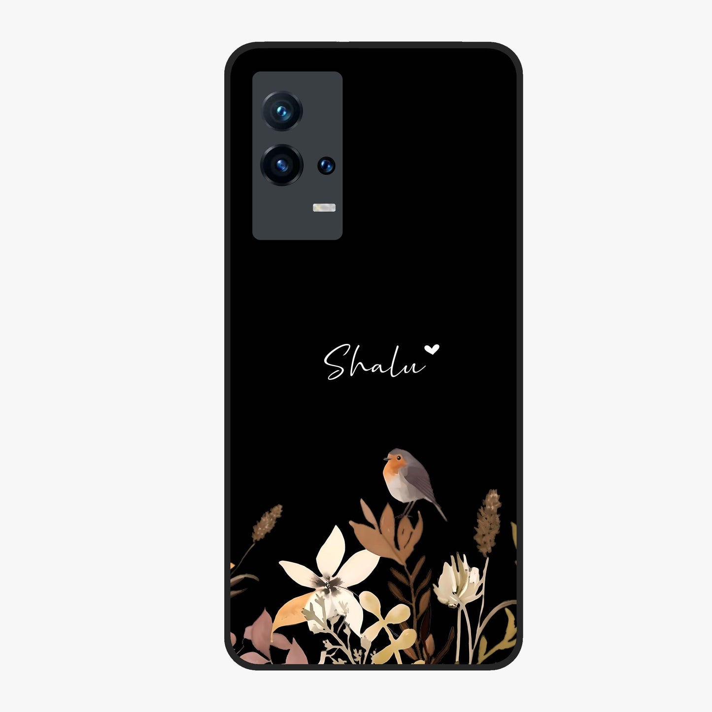 Quiet Garden Tune Custom Name Glass Case showing flat back view with peaceful garden artwork and personalized name design.