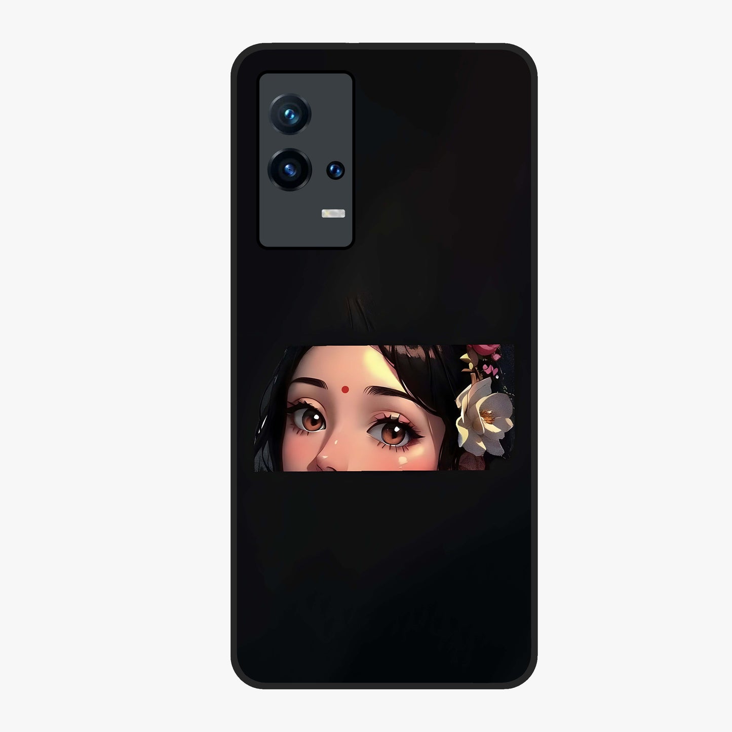 Radha Divine Embrace Glass Case showing flat back view with devotional Radha artwork and glossy glass finish.