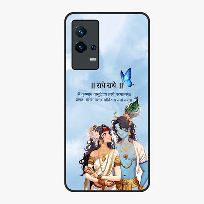 Radha Krishna Eternal Glass Case showing flat back view with Radha Krishna devotional artwork and glossy glass finish.