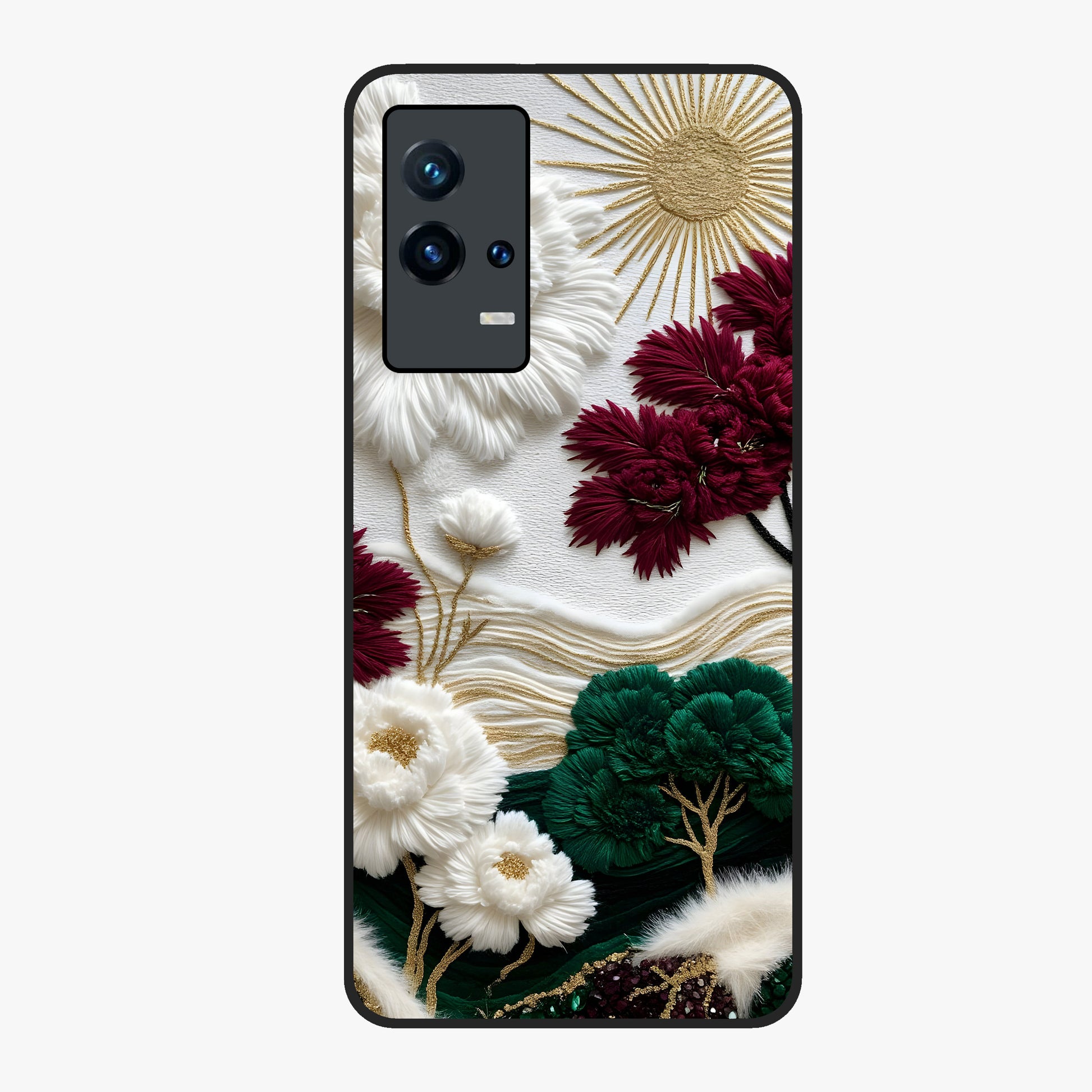 Radiant Bloom Elegance Glass Case showing flat back view with elegant blooming flower artwork and glossy glass finish.
