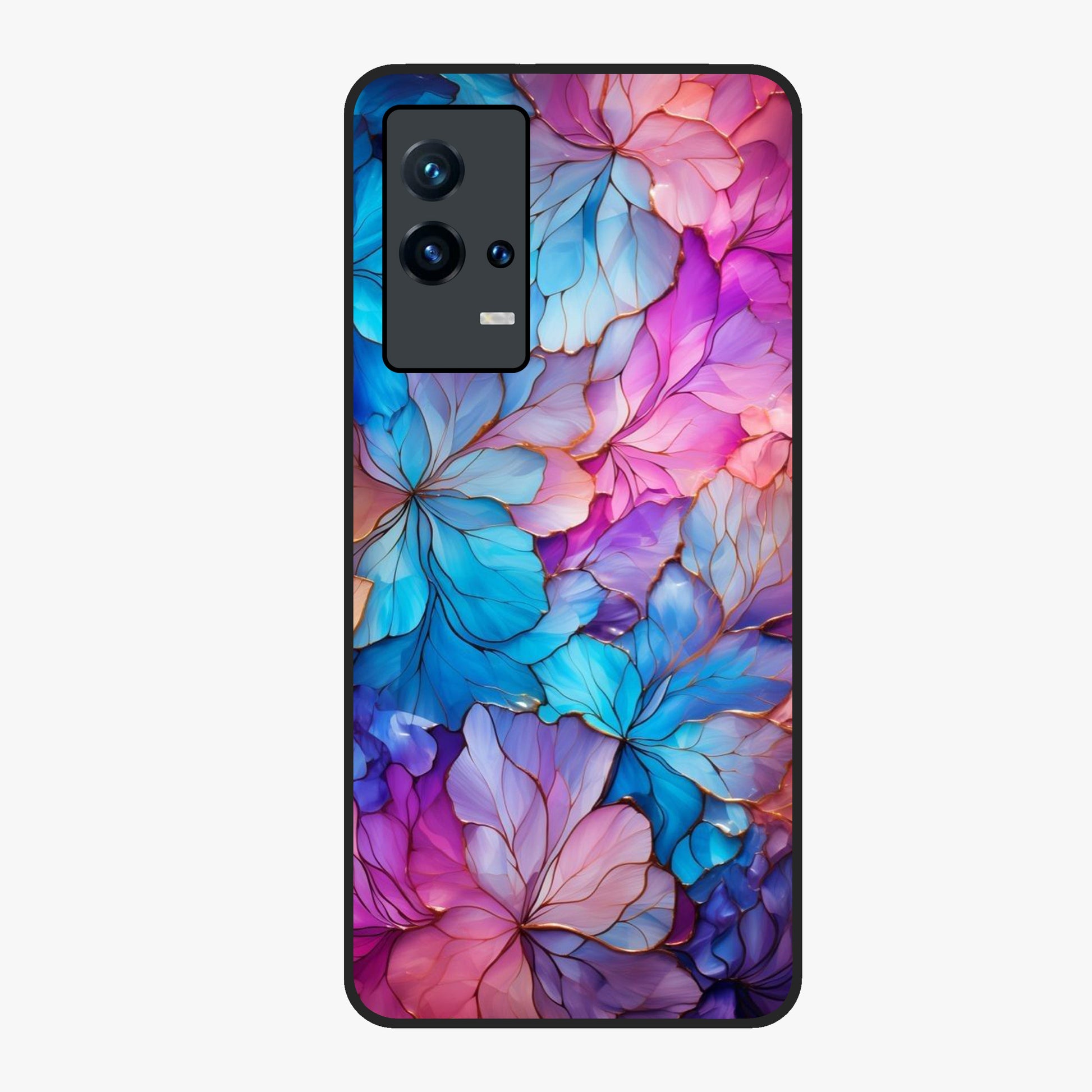 Radiant Floral Whirl Glass Case showing flat back view with swirling floral artwork and glossy glass finish.